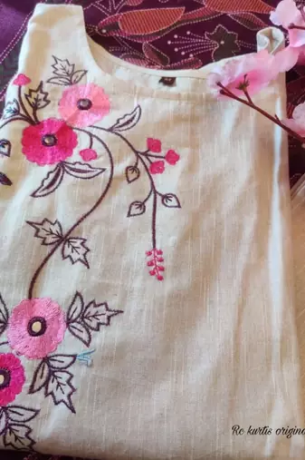 beige cotton kurta set with embroidery & contrast khadi silk dupatta