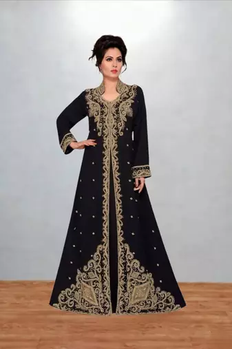 Luxurious Black Kaftan With Gold Work Stitched Dress