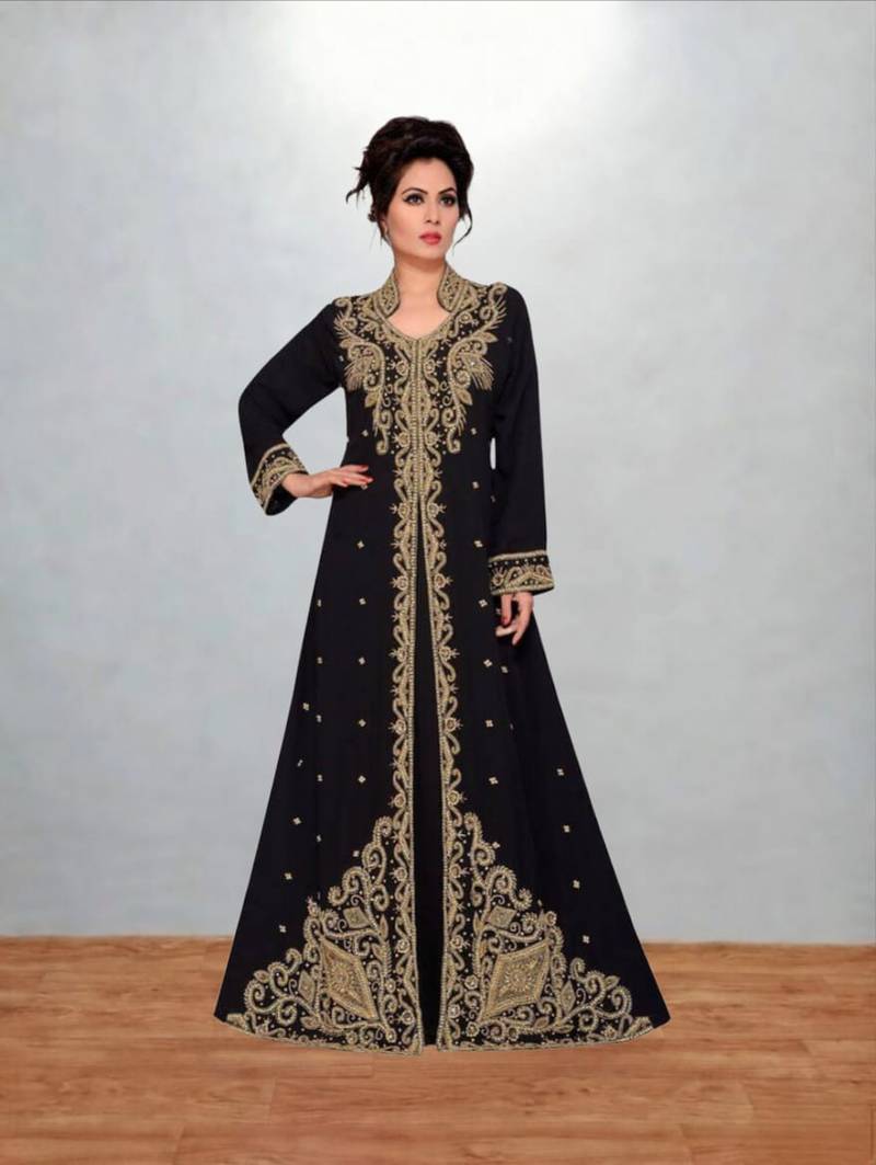 Luxurious Black Kaftan With Gold Work Stitched Dress