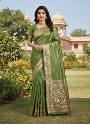 Mehndi Green Color Zari Meena and With Butti Work Sartin Saree 1