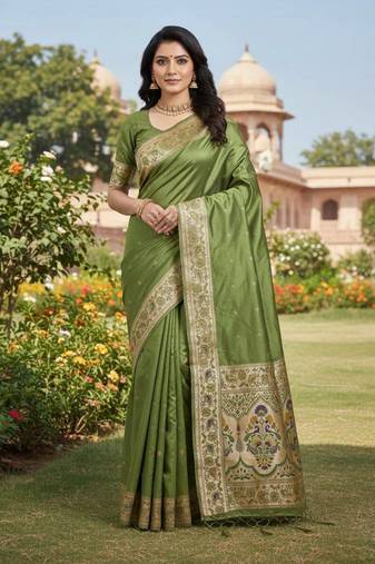 Mehndi Green Color Zari Meena and With Butti Work Sartin Saree