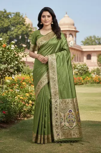 Mehndi Green Color Zari Meena and With Butti Work Sartin Saree