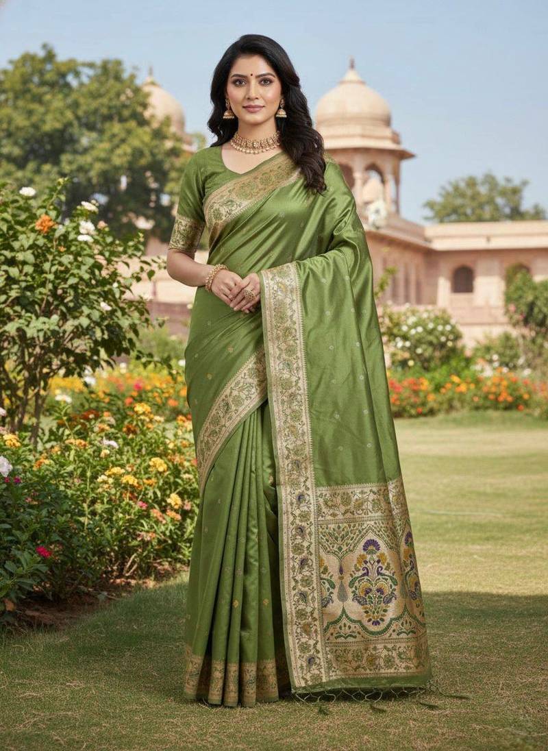 Mehndi Green Color Zari Meena and With Butti Work Sartin Saree