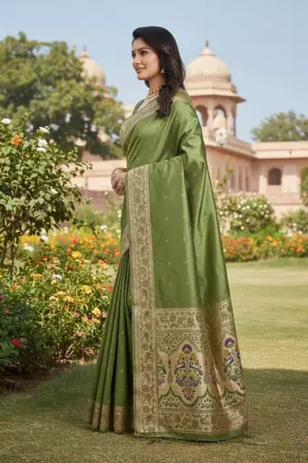 Mehndi Green Color Zari Meena and With Butti Work Sartin Saree