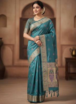 Teal Color Zari Meena and With Butti Work Sartin Saree 1