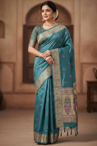Teal Color Zari Meena and With Butti Work Sartin Saree