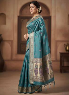 Teal Color Zari Meena and With Butti Work Sartin Saree 2