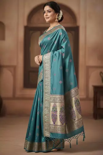 Teal Color Zari Meena and With Butti Work Sartin Saree