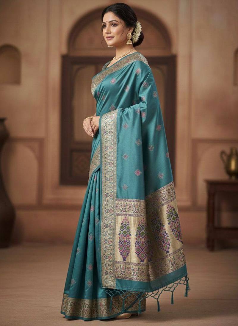 Teal Color Zari Meena and With Butti Work Sartin Saree