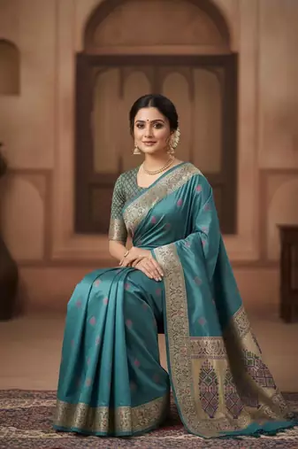 Teal Color Zari Meena and With Butti Work Sartin Saree
