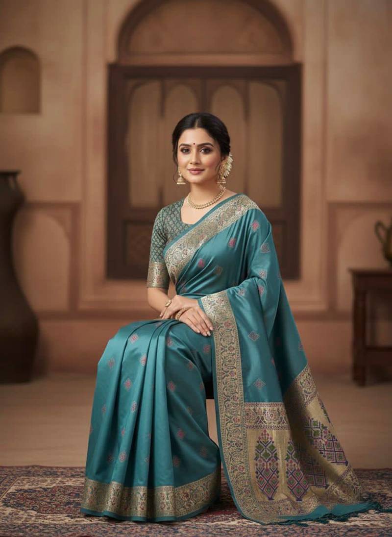 Teal Color Zari Meena and With Butti Work Sartin Saree