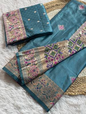 Teal Color Zari Meena and With Butti Work Sartin Saree 4