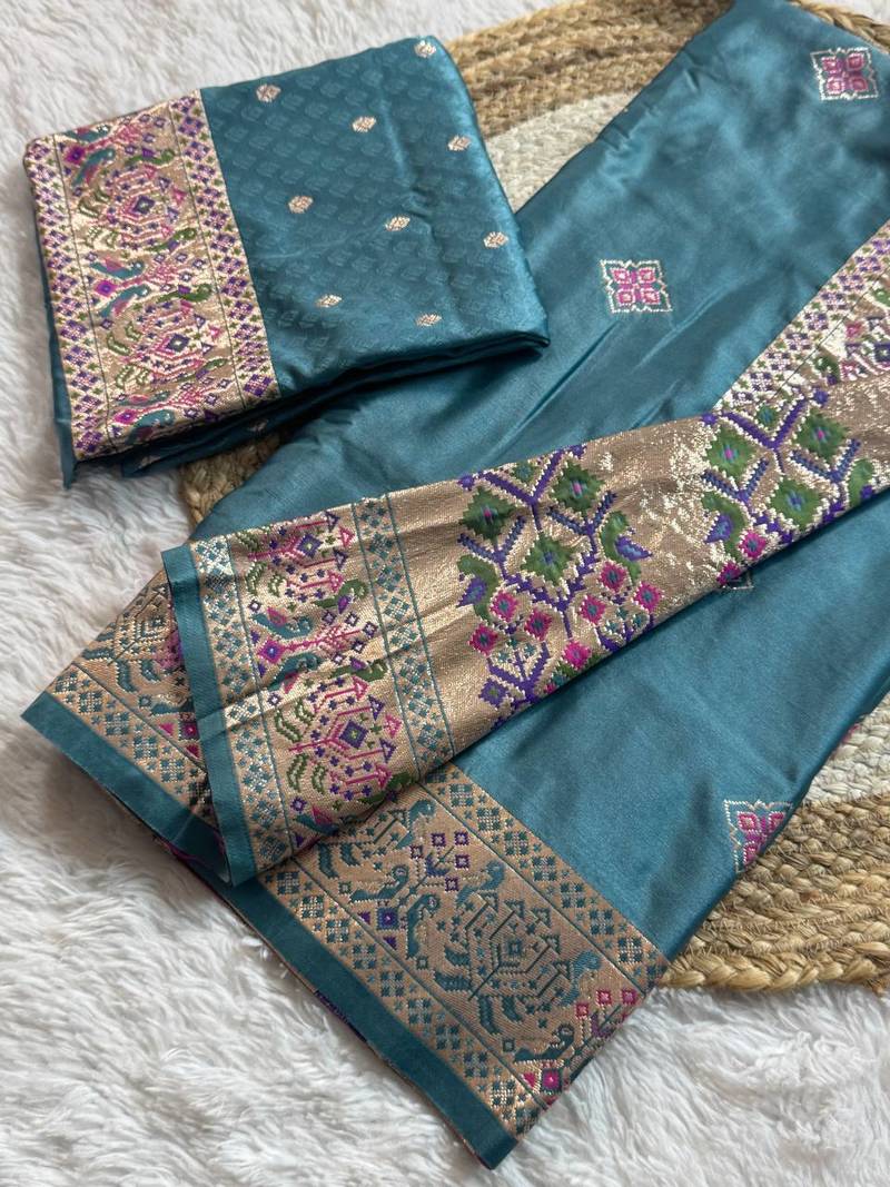 Teal Color Zari Meena and With Butti Work Sartin Saree