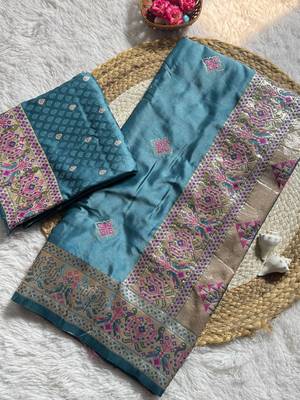 Teal Color Zari Meena and With Butti Work Sartin Saree 5