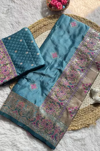 Teal Color Zari Meena and With Butti Work Sartin Saree