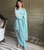 sky blue farshi salwar suit with swarovski work