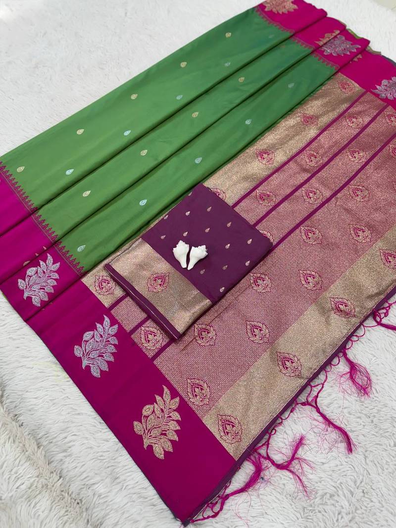 Mehndi Green Color Zari Work Gold And Silver Zari  Silk Saree