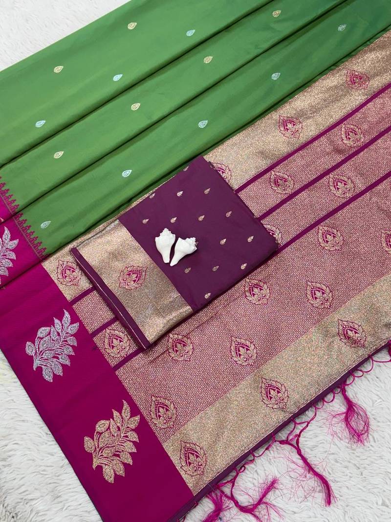 Mehndi Green Color Zari Work Gold And Silver Zari  Silk Saree