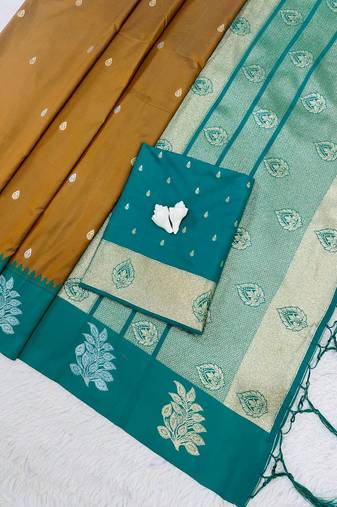 Mustard Green Color Zari Work Gold And Silver Zari  Silk Saree