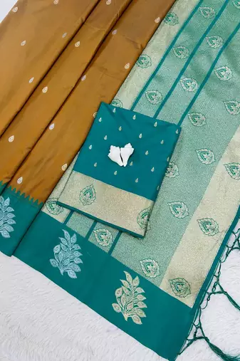 Mustard Green Color Zari Work Gold And Silver Zari  Silk Saree