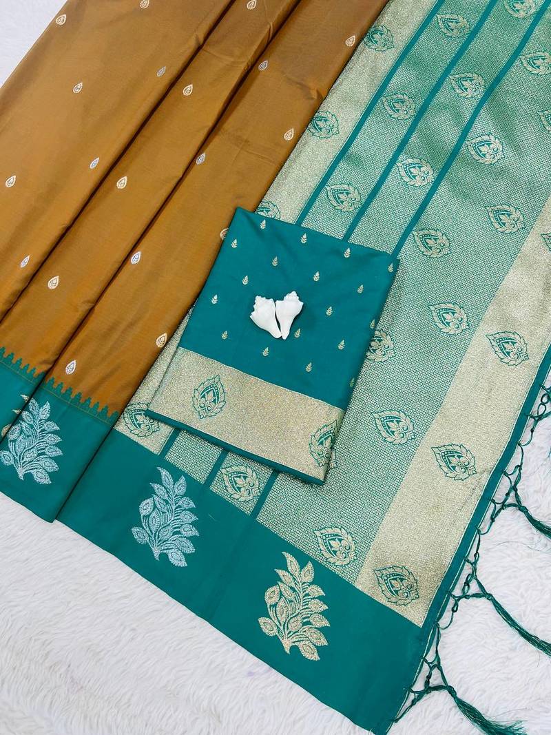 Mustard Green Color Zari Work Gold And Silver Zari  Silk Saree