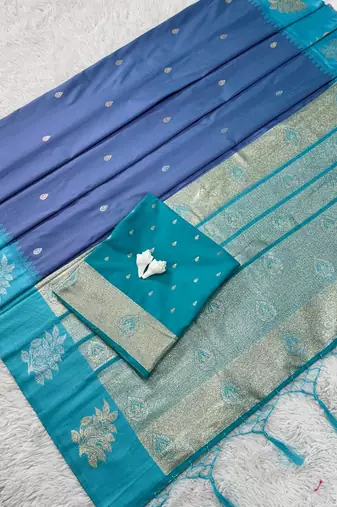 Purple Green Color Zari Work Gold And Silver Zari  Silk Saree