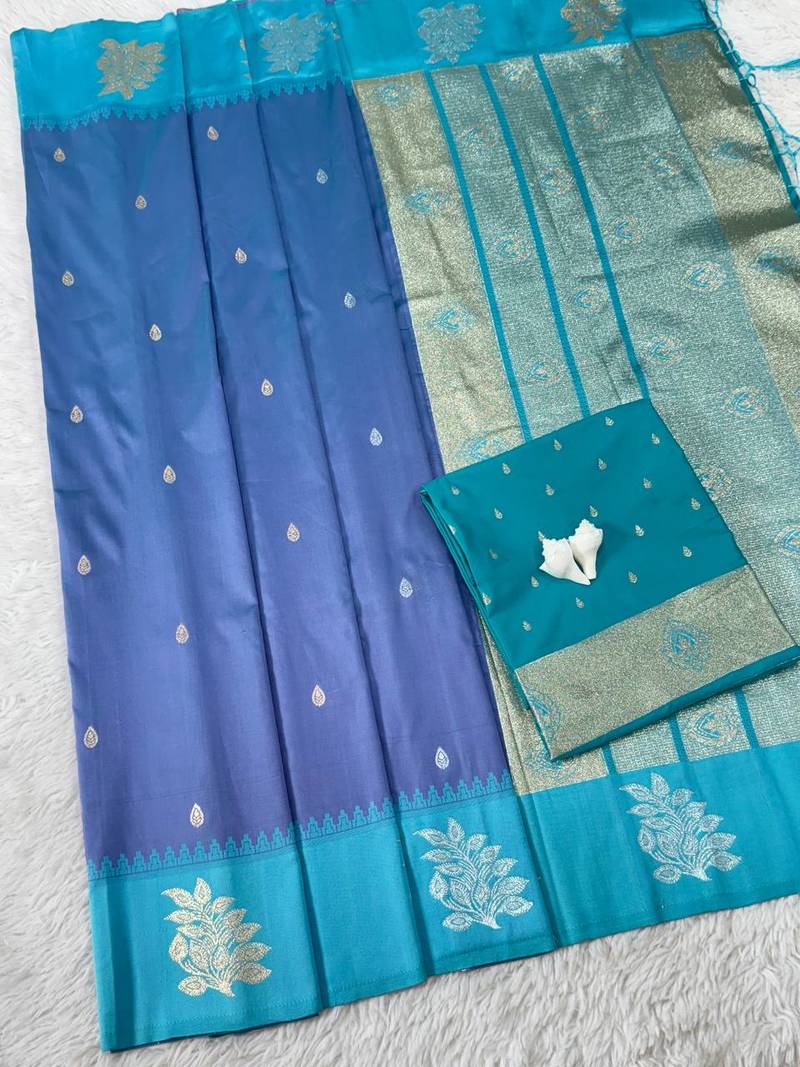 Purple Green Color Zari Work Gold And Silver Zari  Silk Saree