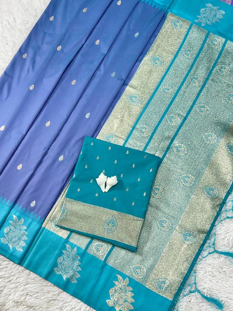 Purple Green Color Zari Work Gold And Silver Zari  Silk Saree