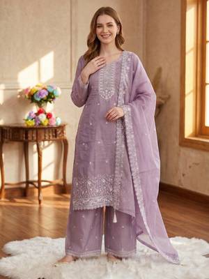 Lavender silk unstitched suit with embroidered sequin  1