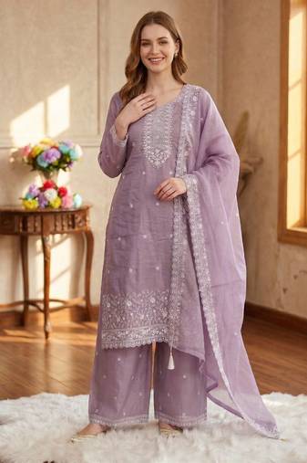 Lavender silk unstitched suit with embroidery & sequence work