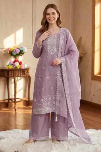 Lavender silk unstitched suit with embroidery & sequence work