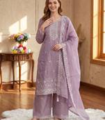 Lavender silk unstitched suit with embroidery & sequence work