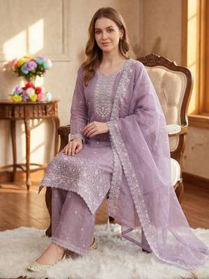 Lavender silk unstitched suit with embroidered sequin  2