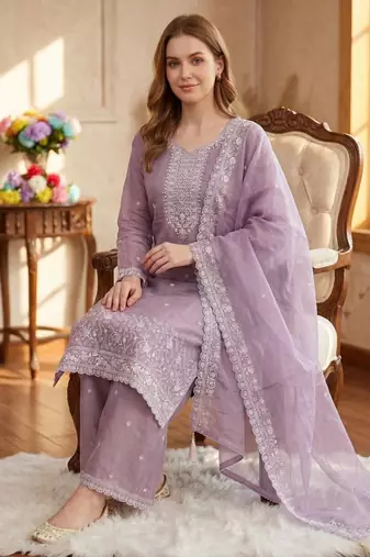 Lavender silk unstitched suit with embroidered sequin 
