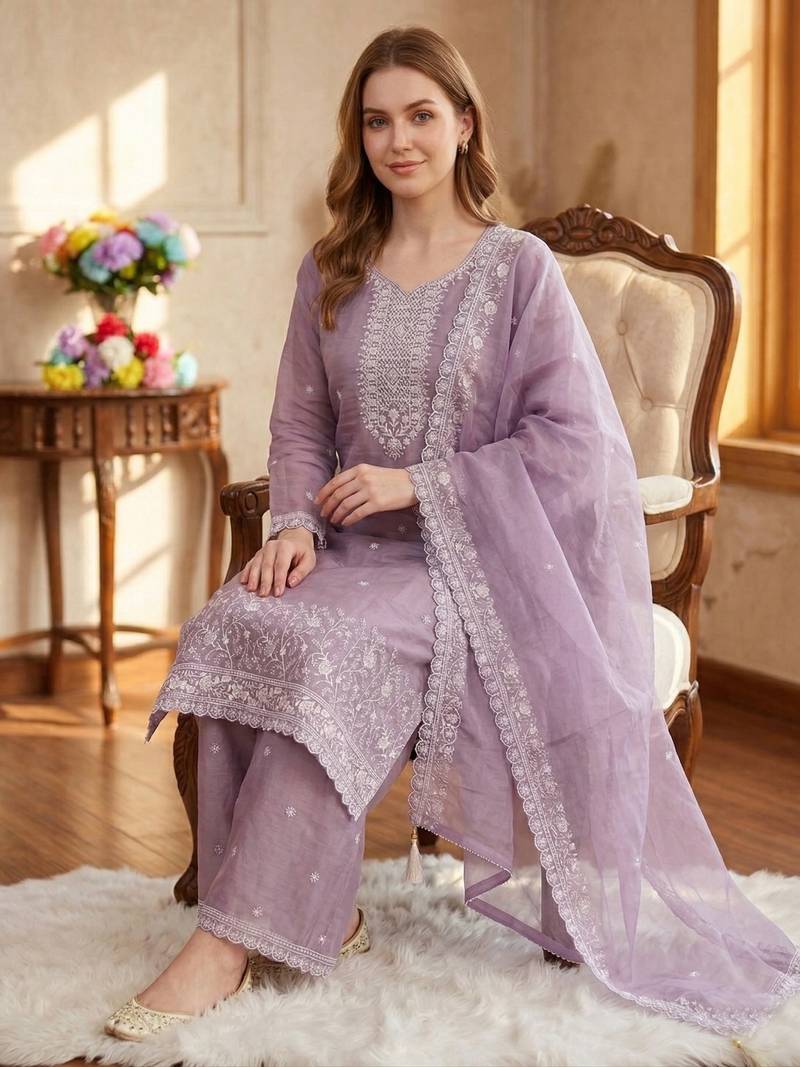 Lavender silk unstitched suit with embroidery & sequence work
