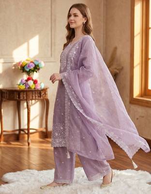 Lavender silk unstitched suit with embroidered sequin  3