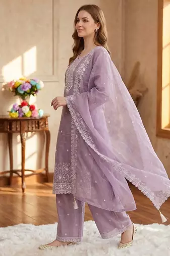 Lavender silk unstitched suit with embroidered sequin 