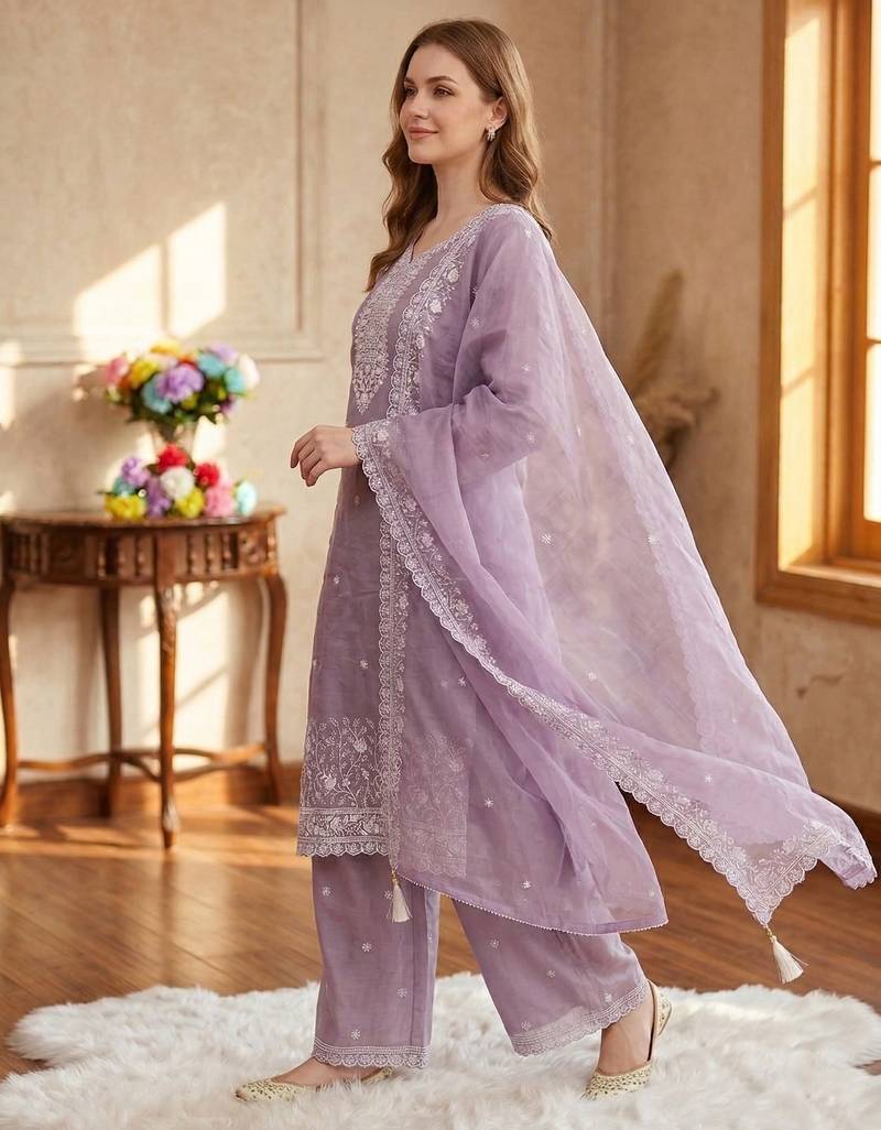 Lavender silk unstitched suit with embroidery & sequence work