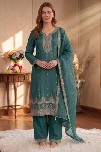 Teal green silk unstitched suit with embroidery & sequence work