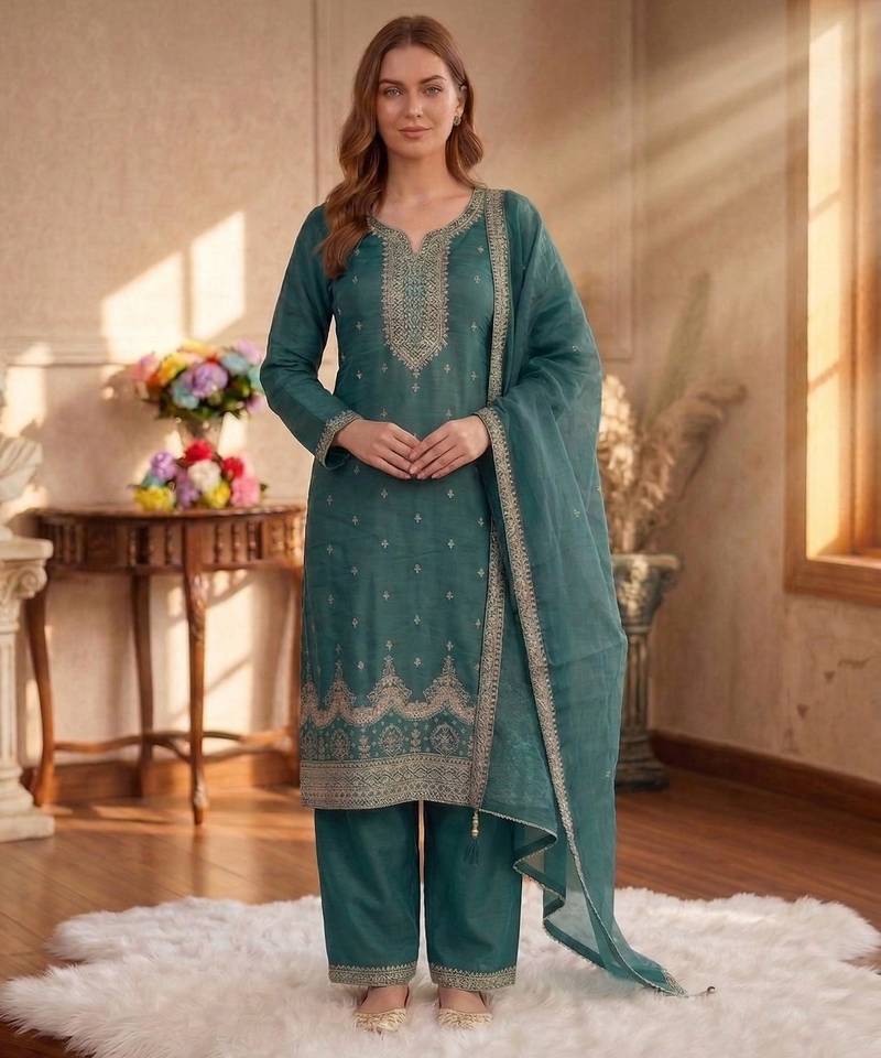 Teal green silk unstitched suit with embroidery & sequence work