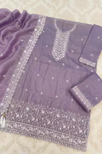 Lavender silk unstitched suit with embroidered sequin 