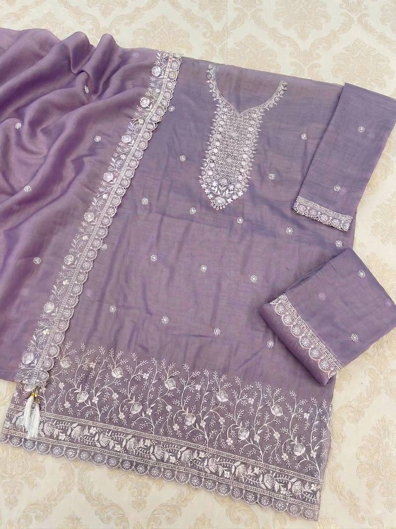 Lavender silk unstitched suit with embroidery & sequence work