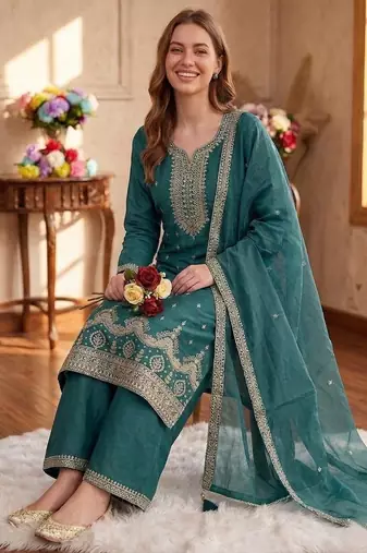 Teal green silk unstitched suit with embroidered sequin 