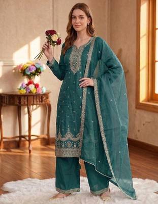Teal green silk unstitched suit with embroidered sequin  3