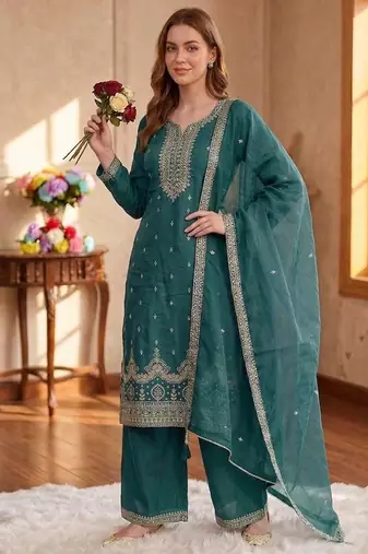 Teal green silk unstitched suit with embroidered sequin 