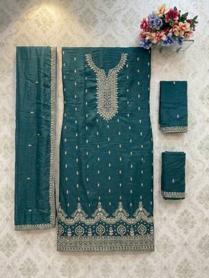 Teal green silk unstitched suit with embroidered sequin  4