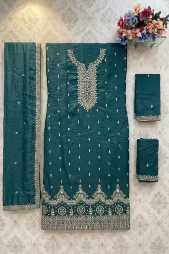 Teal green silk unstitched suit with embroidered sequin 