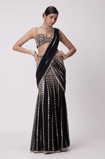 Black Color Dori And Embellished With Real Mirror Work  Faux Georgette  Ready to Wear Saree
