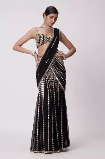 Black Color Dori And Embellished With Real Mirror Work  Faux Georgette  Ready to Wear Saree