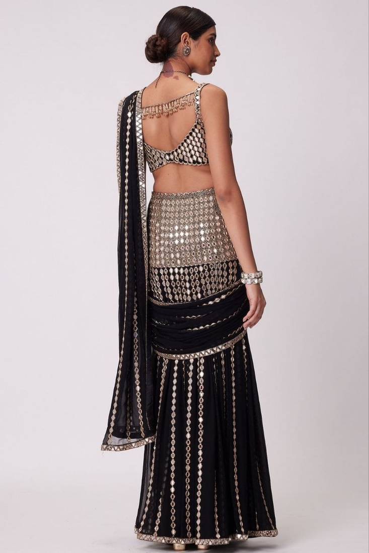 Black Color Dori And Embellished With Real Mirror Work  Faux Georgette  Ready to Wear Saree